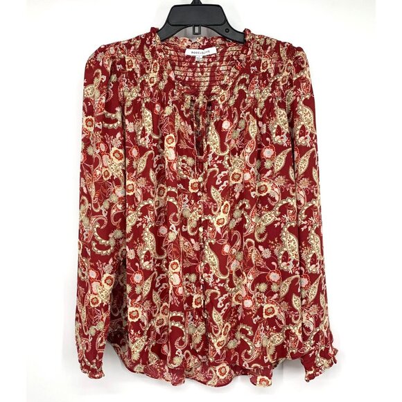 Rose & Olive Top Paisley Button Down Smocked Long Sleeve Floral - Picture 1 of 7